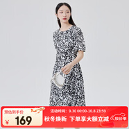 艾萊依（ERAL）商場同款連衣裙女夏季新款法式時(shí)尚顯瘦碎花清新印花泡泡袖連衣裙 黑底色花 S 155/80A
