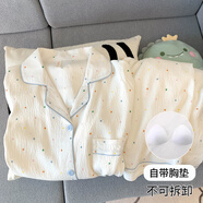 木清清圓點(diǎn)可愛小狗春秋季帶胸墊睡衣女長袖純棉紗胖MM200斤夏天家居服 云朵棉【固定胸墊】奶茶啵?！鹃L袖長褲】 M 女款(建議75-100斤)