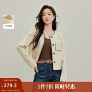 茵曼2025秋冬女裝新款 法式通勤小香風(fēng)短外套休閑撞色顯瘦寬松上衣  杏黃色 XL