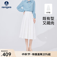 Navigare意大利小帆船開叉百褶裙女士春秋季顯瘦半身裙高檔通勤百搭a字裙 科技白 L