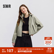 森馬外套女短款寬松小個子鹽系春季ins潮流可拆卸連帽夾克戶外風 灰綠色調00324 L