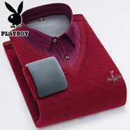 花花公子（PLAYBOY）假兩件長(zhǎng)袖T恤秋冬季毛衣加絨加厚中青年保暖套頭毛衫V領(lǐng)針織襯衫 LD 111酒紅色 【加絨】【收藏加購優(yōu)先發(fā)貨】 加厚 L 【建議100-125斤】