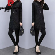 皮爾卡丹秋冬胖mm加大碼寬松遮肚子高領(lǐng)不規則A字打底裙微胖mm流蘇連衣裙 黑色常規款 M 建議80-95斤
