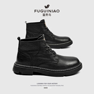 富貴鳥(niǎo)中幫馬丁靴男款英倫高幫真皮鞋冬季加絨保暖棉鞋工裝短靴黑色皮靴 黑色加絨F882250155M 38