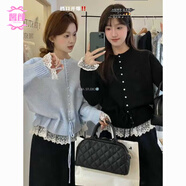 馨顏2025年蕾絲花邊收腰毛衣女秋冬新款大碼韓版圓領(lǐng)單排扣針織衫上衣 黑色 M 90-100斤