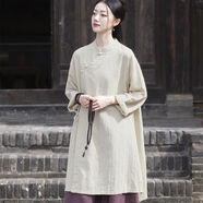 春秋棉麻中長(cháng)款長(cháng)衫外套女裝亞麻砂洗盤(pán)扣偏襟復古中式袍子禪茶服 麻色 均碼  8259