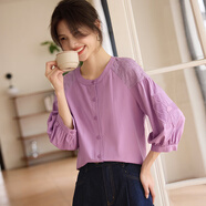 熙世界白色天絲襯衫女2025秋季新款獨特別致繡花七分袖襯衣女裝上衣 葡萄紫 XL