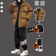 VZVG學(xué)生棉服冬季保暖面包服男士套裝帥氣一整套青少年棉衣搭配三件套 a【3件裝】127棉衣棕色+加絨衛衣 S