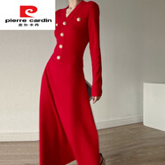 皮爾卡丹同款感超好看毛衣裙秋冬配大衣針織長(cháng)裙連衣裙宴會(huì )晚禮服 中國紅金扣毛衣裙 現貨 S