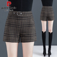 皮爾卡丹加絨加厚格子短褲女外穿秋冬2021新款高腰寬松毛呢松緊腰女士短褲 格子短褲 5XL 33【150-160斤左右】