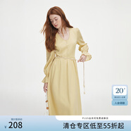 范思藍恩秋季法式花邊U領連衣裙女秋裝2024新款優(yōu)雅氣質編織繩收腰長裙女 淡奶油黃 XS