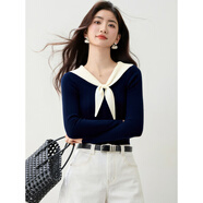 蕓玫兒（yunmeier）毛衣女2025年秋冬裝新款純欲風(fēng)設計感針織衫減齡蝴蝶結領(lǐng)撞色短袖 藏藍色 S