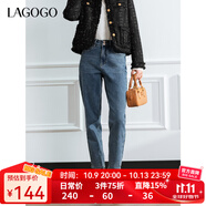 LAGOGO松緊高腰牛仔褲女拉谷谷2024年冬季新款彈力顯瘦百搭直筒褲 靛藍色 XL