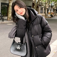 哈魯迪羽絨棉服女秋冬新款韓版短款加厚保暖好看設計感寬松簡(jiǎn)約棉衣外套 深邃黑 S （80-95斤）