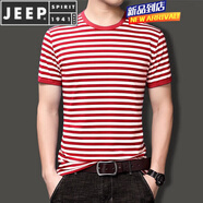 JEEP SPIRIT夏季短袖男裝黑白色橫條紋體恤?；晟兰兠捱\動(dòng)半袖復古聚會(huì )衫 紅色 S
