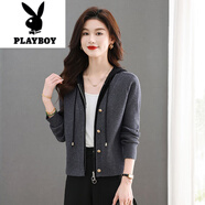 花花公子（PLAYBOY）假兩件針織開衫上衣女時(shí)尚洋氣短款連帽毛衣外套秋冬裝2025年新款 灰色 S