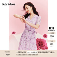 珂萊蒂爾[瑰麗小蠻腰]夏通勤茶歇印花優(yōu)雅氣質(zhì)獨(dú)特連衣裙 淡紫 XL