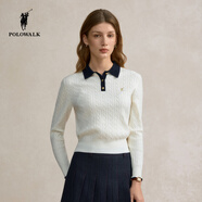 POLOWALK女裝2025秋季新品女式長(cháng)袖針織衫絞花撞色英倫風(fēng)商務(wù)休閑女士上衣 米白 S