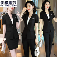 伊雅露莎夏季職業(yè)裝女套裝短袖小西裝正裝西服通勤修身商務(wù)面試工作服8616 黑色西裝+褲子 XL