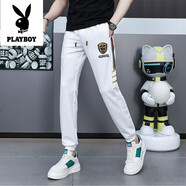 花花公子;PLAYBOY歐版休閑褲男士春秋薄款潮牌刺繡小腳褲帥氣抽繩高端束腳時尚男褲 白色 38
