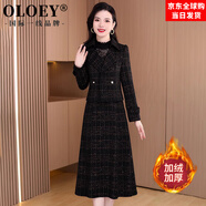 OLOEY國際一線(xiàn)品牌秋冬毛呢連衣裙女長(cháng)袖貴太太媽媽高端品牌小香風(fēng)格子 黑色(兩件套)-闊太太洋氣高貴/廳里廳氣/大衣內搭 M (適合85-105斤)