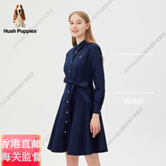 暇步士（Hush Puppies）【全棉親膚】女裝收腰中長(cháng)版長(cháng)袖洋裝春季顯瘦襯衫式裙子官方旗艦 196深藍 S
