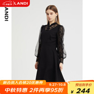 藍地春季新款黑色小立領(lǐng)盤扣蕾絲泡泡袖連衣裙女長袖高腰裙子DLWC 黑色 M