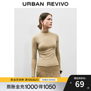 UR秋季新款女裝簡約百搭休閑立領(lǐng)修身長袖T恤UWB440047 綠卡其 S