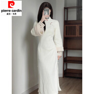 皮爾卡丹（pierre cardin）秋冬旗袍2025年新款年輕款女長(cháng)袖高端氣質(zhì)改良連衣裙蕾絲加絨冬款 米白色1082 加絨 XL