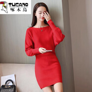 啄木鳥(niǎo)2025新款女裝蝙蝠袖韓版包臀顯瘦毛衣針織連衣裙春秋冬打底裙 紅色 2XL
