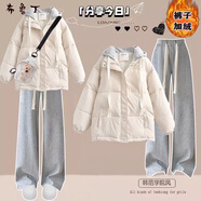 布魯丁大童女裝12歲到15歲套裝秋冬新款休閑時(shí)尚套裝女初高中學(xué)生加厚棉 【兩件套】杏色外套+灰闊腿 加絨 S【套裝秋冬季女款/秋冬季女裝套