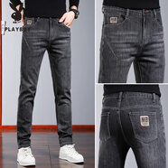 花花公子（PLAYBOY）2025新款男士加絨修身牛仔褲小腳秋冬褲 F-8323.黑灰.. 30