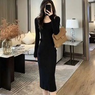 立體花朵圓領(lǐng)長(cháng)袖秋季純色修身中長(cháng)裙溫柔收腰包臀裙針織連衣裙女 經(jīng)典黑 S