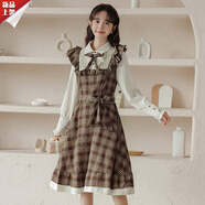 HKWZ森女系穿搭文藝復古格子拼接假兩件連衣裙女學(xué)院風(fēng)穿搭長(cháng)裙子女生 咖色 S