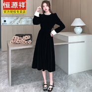 恒源祥2025新款公主風(fēng)金絲絨小黑裙女秋高端精致重工釘珠連衣裙小個(gè)子高 黑色長(cháng)款 S