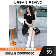 UR夏季新款女裝甜美減齡撞色壓褶收腰短袖連衣裙UWU740039 正黑 M