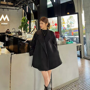 【YI】2025年春秋新款雙面絨大衣短款小個(gè)子韓版寬松顯瘦毛呢外套 經(jīng)典純黑色 現貨 XS  80-100衣長(cháng)66