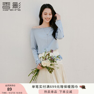 香影斜肩一字領(lǐng)t恤女長(cháng)袖2025秋季新款蕾絲花邊灰藍色蝴蝶結上衣 灰藍 M 160/84A/95-110斤