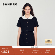 SANDRO線上限定秋冬女裝法式甜美黑色鏤空花邊領(lǐng)假兩件花呢連衣裙 黑色 S