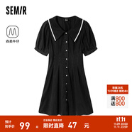 森馬牛仔連衣裙女撞色大翻領(lǐng)學(xué)院風(fēng)森柔牛仔夏收腰泡泡袖短裙甜酷 牛仔水洗黑98201 M