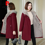 皮爾卡丹2025新款加絨大碼派克服女中長(cháng)款外套仿皮草羊剪絨大衣連帽棉服 酒紅色 XL 建議131-145左右