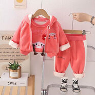 G.DUCKKIDS嬰兒衣服女童金絲絨套裝冬裝0-6歲女寶寶2加絨洋氣衛衣兩件裝韓版 辮子女孩加絨馬甲三件套 玫紅色 90 cm適合80-90cm年齡2-3歲