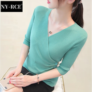 NY-RCE春秋裝打底針織衫女新款交叉上衣v領(lǐng)洋氣半袖毛衣百搭 綠色 XL
