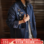 馬登工裝 美式復古刺繡徽章牛仔夾克男秋季重磅水洗翻領休閑外套 牛仔藍 2XL