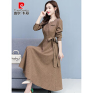 皮爾卡丹（pierre cardin）早春秋2025年新款女裝棉麻連衣裙子長(cháng)袖a字中長(cháng)修身收腰顯瘦氣質(zhì) 卡其色《高端大氣時(shí)尚媽媽減齡遮肉大碼胖mm小個(gè)子》 2XL (120-130斤)