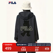 FILA斐樂官方女裝外套秋季上衣多彩潮流加絨保暖開衫連帽小熊外套 正黑色-F51W138599FBK(加絨) 180/96A/XXL