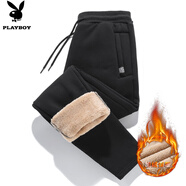花花公子（PLAYBOY）爸爸加絨褲子男士加厚休閑褲中老年人冬季羊羔絨運動(dòng)褲純棉褲衛褲 黑色直筒褲 2XL 32-34碼