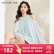 西遇法式掛脖白襯衫女2025年新款春季復(fù)古高級(jí)感露肩寬松長(zhǎng)袖上衣 藍(lán)色 L