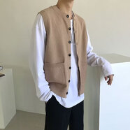 朦朧杏男士毛衣針織衫開衫馬甲歐美簡約文藝范無袖背心針織男秋季日系復 卡其色 M