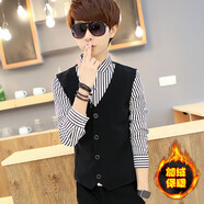 芒芒長(cháng)袖T恤男秋冬季韓版修身保暖打底衫加絨加厚潮假兩件襯衫領(lǐng)衣服 9002黑色 加絨 均碼 165M適合85-100斤